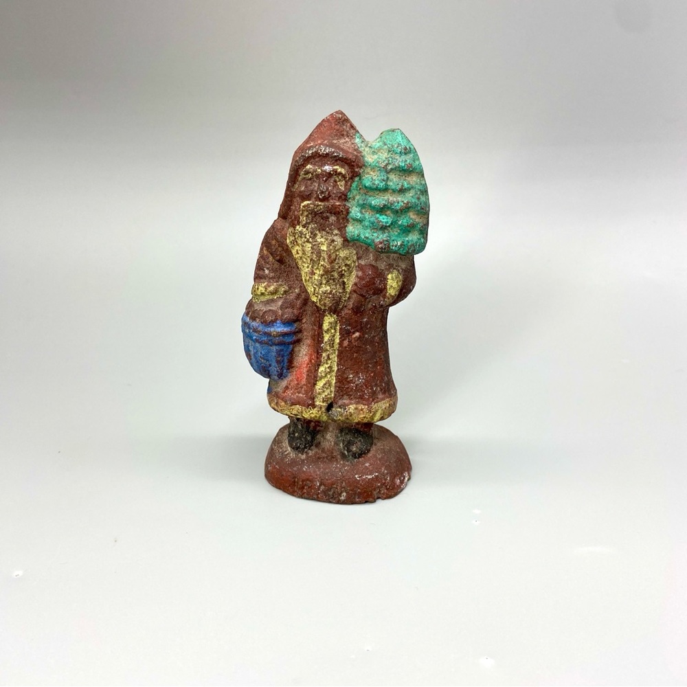 Antique Cast Iron Cold Painted Santa Figurine w Christmas Tree